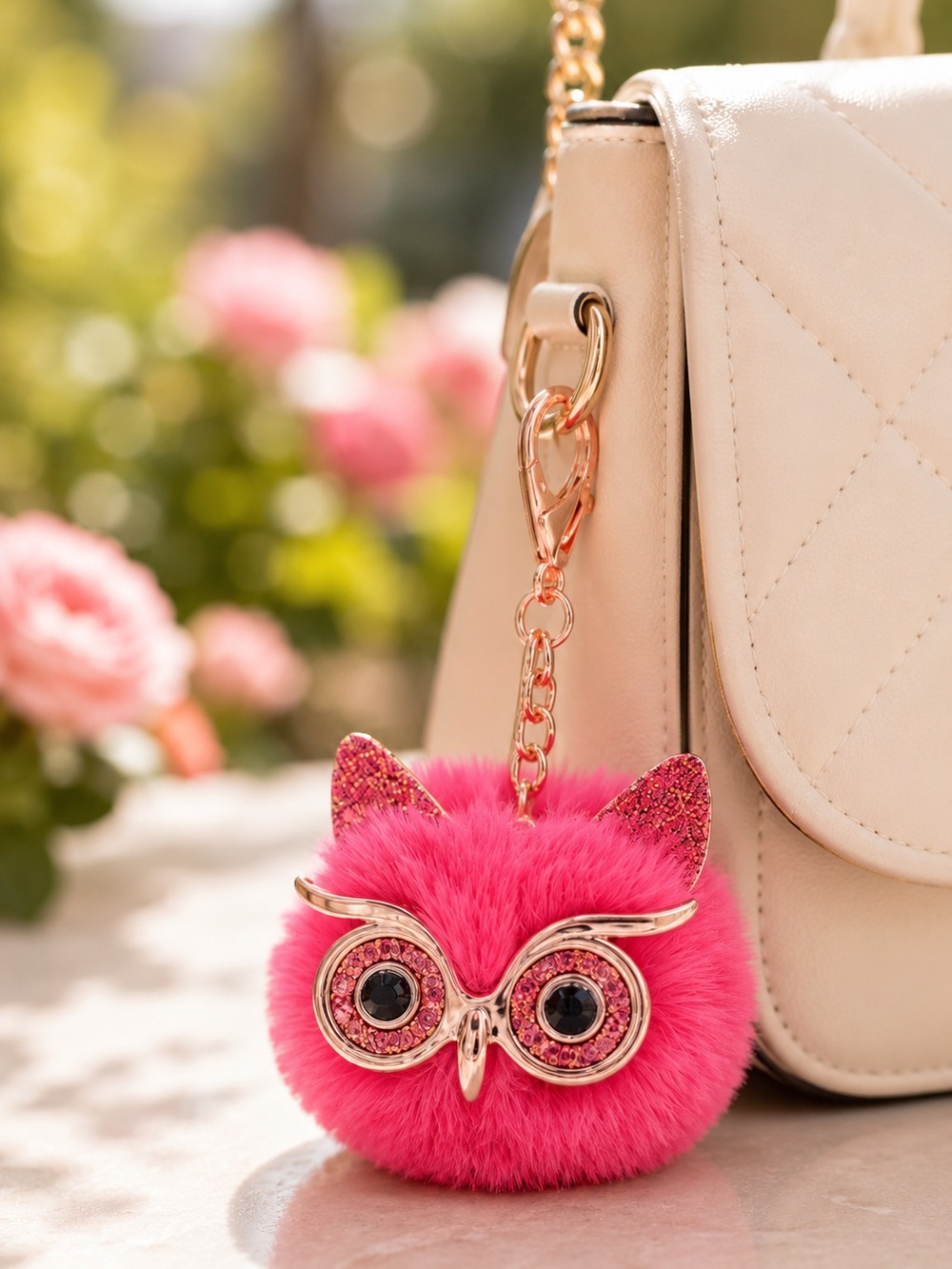 Pink Plush Owl Bag Charm Faux Fur Keychain Purse Charm NWT